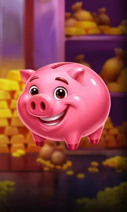 Slot-Cover mit rosa Sparschwein vor Goldbarren