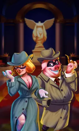 Slot-Cover mit zwei Schweinen im Detektivlook